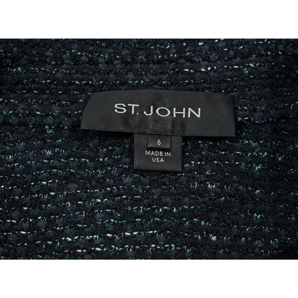 St. John Knit Bouclé Jacket Size 6 Black Green Tweed Wool Cashmere Angora USA - Picture 2 of 8